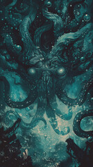 Wall Mural - An underwater sea monster, massive tentacles reaching out from the depths, bioluminescent scales glistening in eerie blues and greens