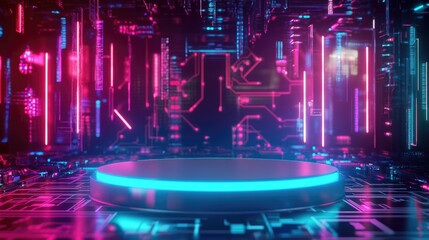 Poster - Neon Glowing Platform on a Futuristic Circuit Board