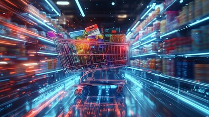 Aufkleber - A shopping cart full of groceries speeding through a supermarket aisle with a neon glow effect.