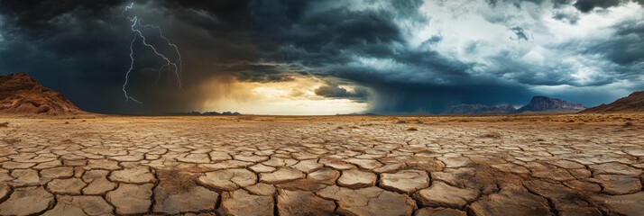 Poster - Dark clouds swell above a dry, cracked desert floor, with lightning illuminating the sky as a storm looms in the distance. Generative AI