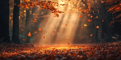 Wall Mural - Autumn forest with sunlight shining through leaves