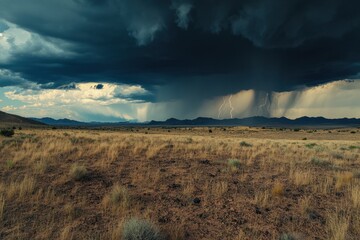 Poster - A storm looms over an arid landscape, with dark clouds and lightning illuminating the cracked earth beneath. Generative AI