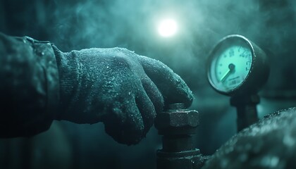 Poster - A close-up of a gloved hand adjusting a gauge on a mysterious, foggy machine, surrounded by a cool, misty atmosphere.