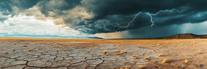Poster - Dark clouds roll in over a dry, cracked desert, illuminating the sky with lightning strikes as a storm approaches the barren terrain. Generative AI