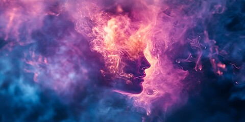 Wall Mural - abstract woman silhouette in a swirl of pink and blue smoke