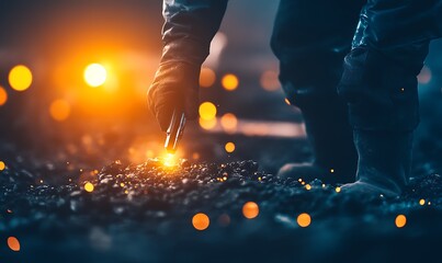Aufkleber - A close-up of a gloved hand reaching for glowing embers in a dark environment, capturing the intensity and beauty of transformation through fire.