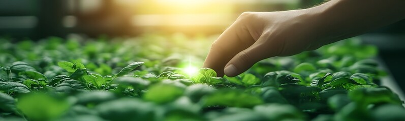 Poster - A hand gently touches vibrant green plants in a sunlit greenhouse, highlighting the connection between nature and nurturing.