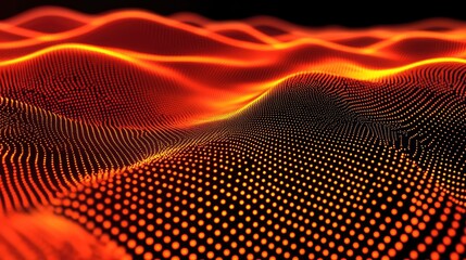 Poster - Abstract orange and yellow digital wave of glowing dots on a black background