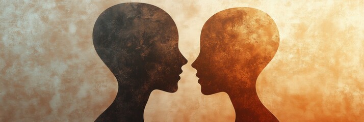 Poster - Two abstract silhouettes in soft pastel shades face each other, representing communication and empathy in a harmonious way. Generative AI