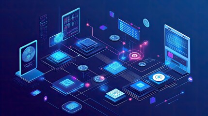 Poster - Digital Network with Isometric Computer Components and Data Transfer