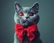 © Gradual Growth - Gray cat with red eyes and bow tie.