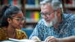 © ALLAI - Elderly professor and young student studying together in a library, promoting intergenerational knowledge sharing