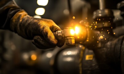 Poster - A hand in a glove connects a metal pipe fitting, generating sparks in a dimly lit industrial environment.