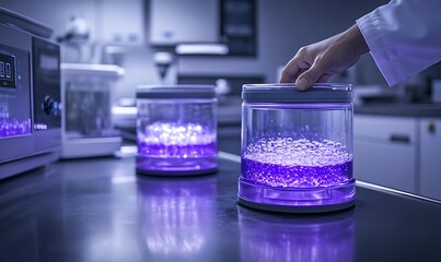 Poster - A laboratory scene featuring illuminated containers filled with purple liquid, showcasing scientific experimentation.