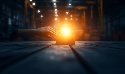 Poster - A hand reaches toward a glowing light on a wooden surface, set against a dimly lit industrial backdrop, emphasizing shadows and the source of illumination.