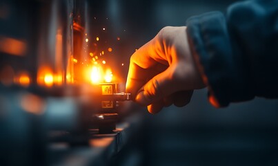 Aufkleber - A hand adjusts a knob, creating sparks of light, set against a dark background, conveying a sense of warmth and dynamic energy.