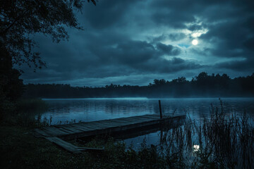 Wall Mural - Mysterious moonlit lake with misty waters and a wooden dock, surrounded by silhouettes of trees under a cloudy night sky.