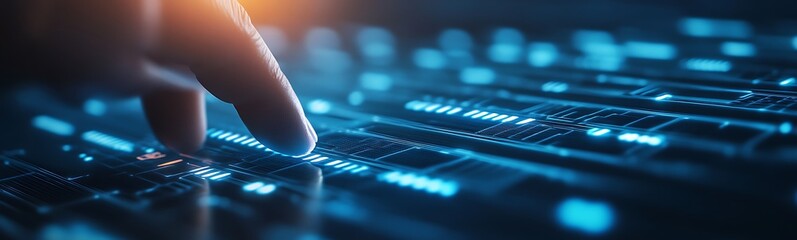 Fototapete - A close-up of a finger interacting with a glowing digital interface, displaying vibrant data streams and visualizations in a high-tech environment.
