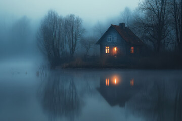 Wall Mural - A cozy, illuminated cabin reflected in a tranquil, misty lake at dawn, surrounded by leafless trees and a serene, foggy atmosphere.