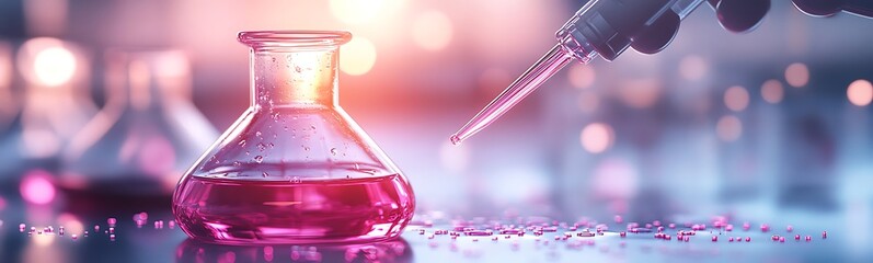 Poster - A vibrant laboratory setting showcasing a pink liquid in a flask, with a pipette adding more liquid, highlighting scientific experimentation.