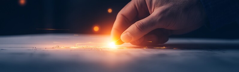 Poster - A hand delicately interacts with a glowing source on a surface, suggesting creativity and innovation in a dimly lit environment.