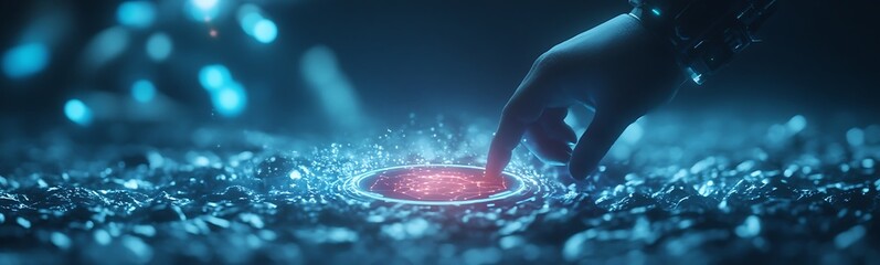 Poster - A hand reaches towards a glowing red circle, surrounded by shimmering blue particles, creating a futuristic, ethereal atmosphere.