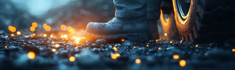 Aufkleber - A close-up of a boot on gravel, surrounded by glowing lights, creating a magical and adventurous atmosphere.
