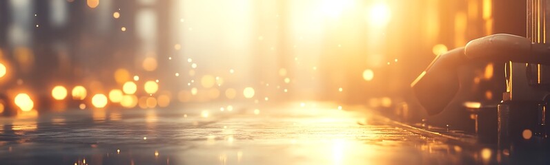 Fototapete - A serene, sunlit scene reflecting shimmering water droplets and warm light, creating a tranquil and atmospheric ambiance.
