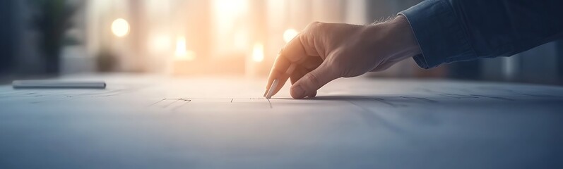 Fototapete - A hand delicately examines a blueprint on a table, illuminated by soft, warm light in a thoughtful setting.