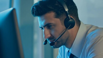 Poster - Serious Brunette Man in Shirt Focused on Call Center Work Generative AI
