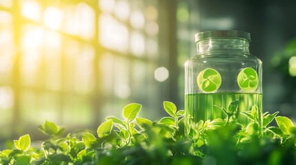 Aufkleber - A serene image of a glass jar filled with green liquid, surrounded by vibrant leaves, illuminated by warm sunlight filtering through a window.