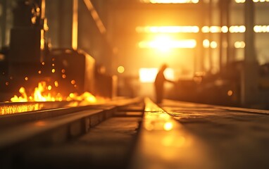 Fototapete - A vibrant industrial scene featuring a silhouette against a glowing backdrop, with sparks flying, showcasing the essence of manufacturing and craftsmanship.