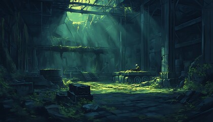 Poster - A dimly lit, abandoned industrial space overgrown with vegetation, where shafts of light pierce through crumbling structures, creating an eerie, mystical atmosphere.