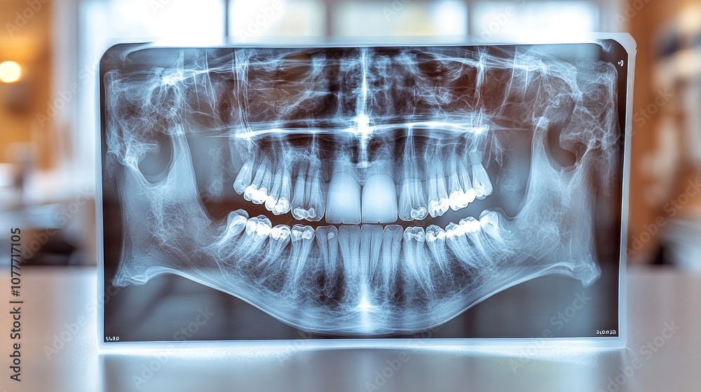 X-ray image of a human jaw showing teeth and dental structures. Stock ...