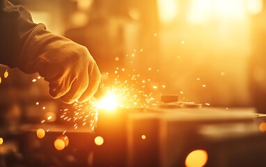 Fototapete - A worker's hand sparks as it hammers metal in a warm, glowing workshop filled with light and the essence of craftsmanship.