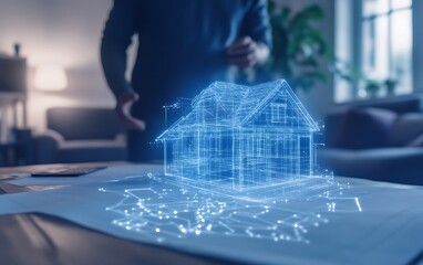 Poster - A modern digital representation of a house projected over architectural plans, symbolizing innovation in real estate and design technology.