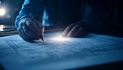 Fototapete - A person writing on a large blueprint in a dimly lit setting, with a focus on the detailed design and the precision of the hand holding the pen.