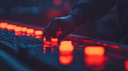 Poster - A hand adjusting glowing red controls in a dimly lit environment, suggesting a high-tech or artistic setting.