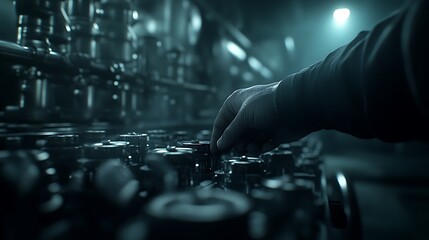 Poster - A hand adjusts a valve in a dimly lit industrial setting, highlighting intricate machinery and a sense of mystery.