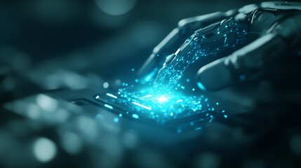 Poster - A close-up of a robotic hand interacting with a glowing object, emitting shimmering particles in a futuristic digital environment.