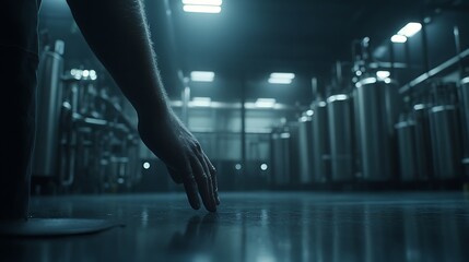 Poster - A hand reaches toward the floor in a dimly lit industrial setting filled with metallic tanks, evoking a sense of mystery and exploration.