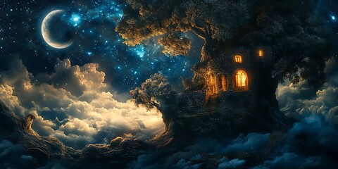 Wall Mural - fantasy treehouse in the clouds with crescent moon and stars