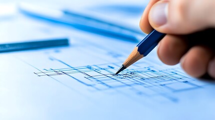 Fototapete - A close-up of a hand holding a pencil, sketching technical plans on a blueprint, highlighting creativity and precision in drafting.