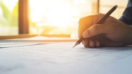 Aufkleber - A hand holding a pen writes on paper, illuminated by warm sunlight filtering through a window, creating a serene workspace atmosphere.