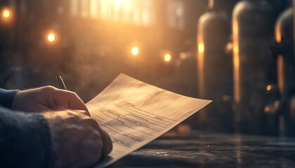 Aufkleber - A person writes on an old parchment in a dimly lit space, with a warm glow illuminating the scene, evoking a sense of history and creativity.