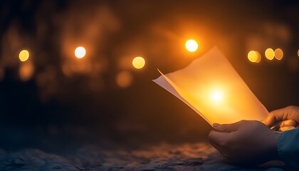 Aufkleber - A hand holds a glowing paper amidst a softly lit background, creating a warm and serene atmosphere perfect for quiet reading or reflection.