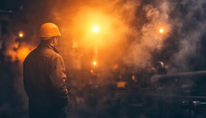 Poster - A worker in a hard hat stands amidst industrial smoke and glowing lights, reflecting concentration in a factory-like environment.