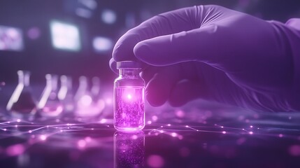 Poster - A glowing vial held by a gloved hand, surrounded by flasks and a digital backdrop, symbolizes cutting-edge science and advanced research.