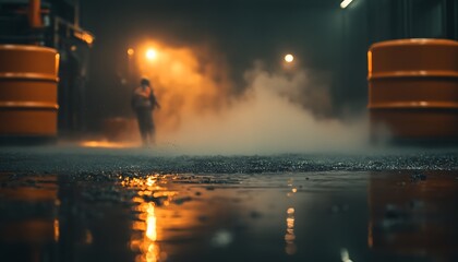 Poster - A dimly lit scene features a figure amidst fog, illuminated by orange lights, with wet ground reflecting the glow and surrounding orange barrels.