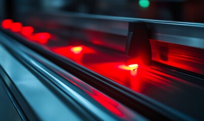 Aufkleber - Close-up of red LED lights illuminating the side of a metallic surface.